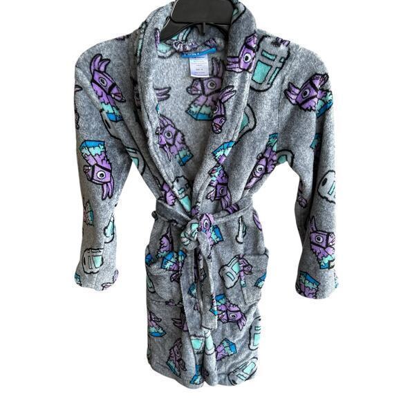 FORTNIGHT gaming battle royal gray blue purple boys fuzzy thick bathrobe sz 12 - Picture 1 of 6